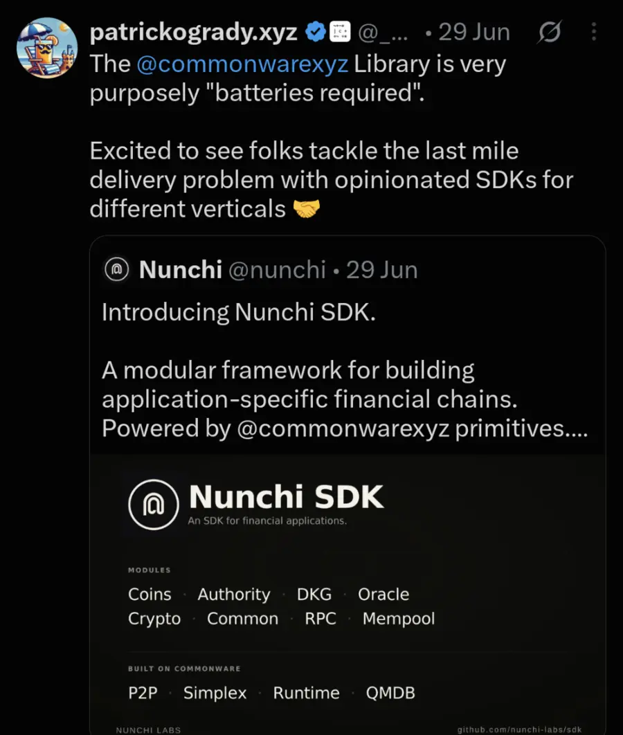 Patrick O'Grady highlighting Nunchi SDK as an opinionated SDK built with Commonware
